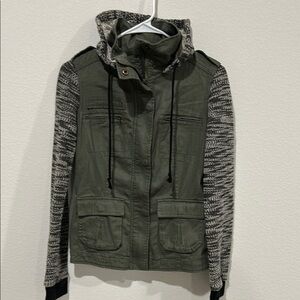 Olive Green Hooded Jacket with Patterned Sleeves